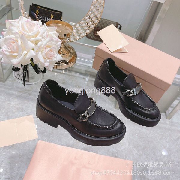 dress shoes autumn cow leather thick bottom heel british style small shoes women's round head leffer metal chain single, Black